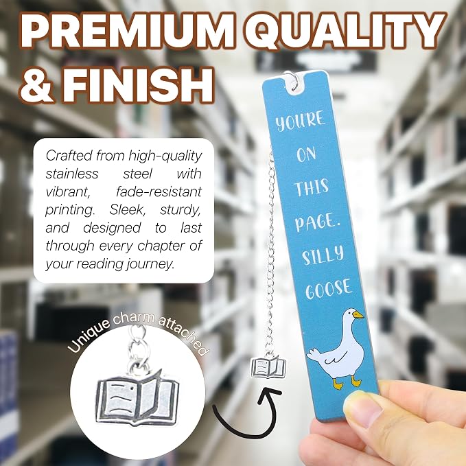 Silly Goose Bookmark, Cute Funny Bookmarks for Women Metal Book Mark Pink Bookworm Bookmark Bookish Accessories Cool Gifts for Book Lovers Reading Club Christmas Birthday Present (Aqua Blue)