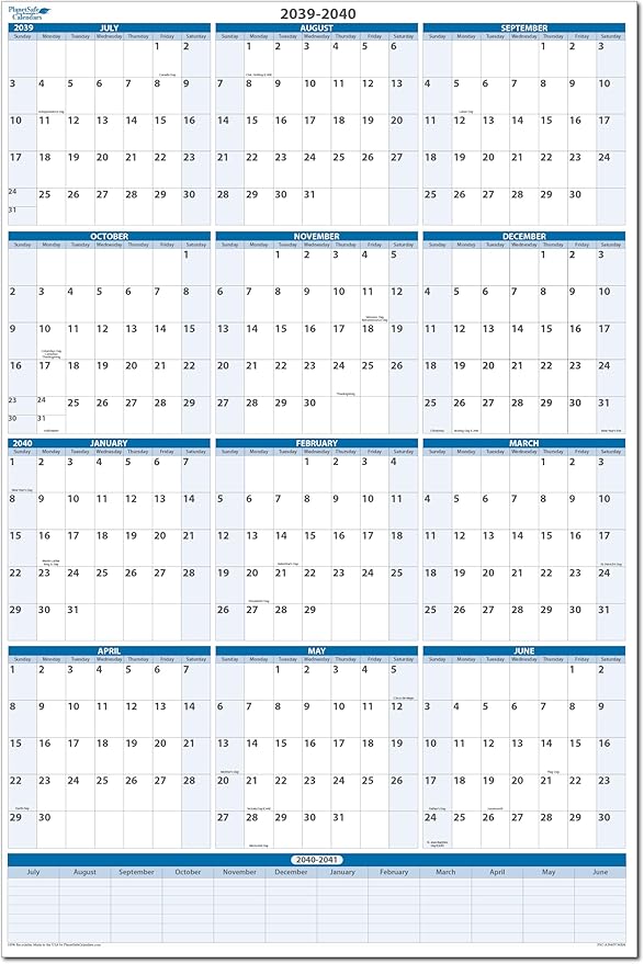 Fiscal/Academic Split Year July 2039 to June 2040 Vertical 12 Month Wall Calendar 36" x 24" - Dry & Wet Erasable with Next Year Planner Area. Complete with Fine tip Dry-erase Marker and Eraser