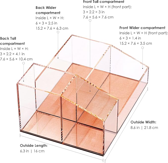 Clear Acrylic Makeup Brush Organizer with Metallic Rose Gold Base, 4 Compartment Office Organizers for Desk, For Makeup Storage Bathroom Organization, Classroom Organization & Desk Accessories