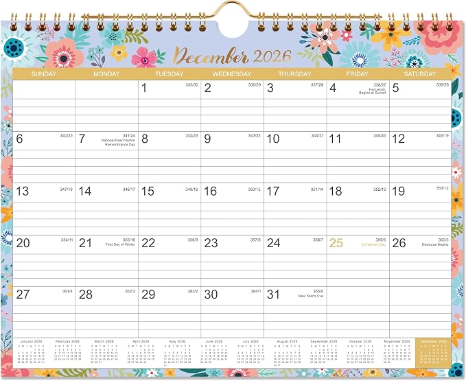Calendar 2026-2027 - Wall Calendar 2026-2027 with 18 Months, Jul. 2026 - Dec. 2027, Wall Calendar with Twin-Wire Binding + 11" x 8.5" + Hanging Hook + Ruled Blocks with Julian Dates - Black Floral
