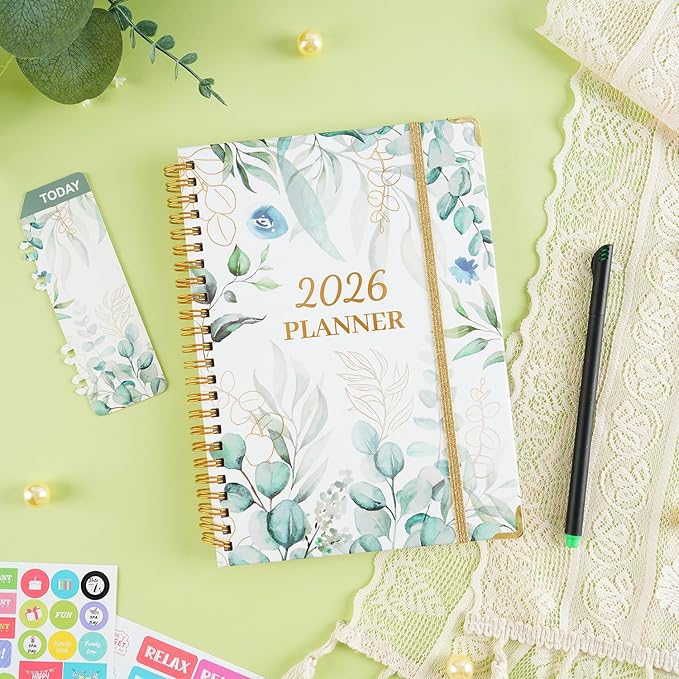 2026 Planner, Daily Weekly Monthly Planner with Tabs, 2026 monthly planner with Color Pen, Sticky Notes and Stickers, 6.2" x 8.5", Durable Twin Wire Binding, Storage Pocket -Eucalyptus Leaves Green