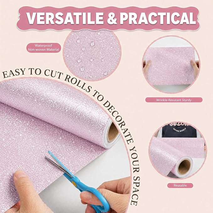 16" × 30ft Pink Glitter Bulletin Board Roll Reusable Board Background Paper Wallpaper DIY Art Crafts Poster Paper Classroom Bulletin Board Decor for School Office Arts Crafts Home Wall Decor Supplies