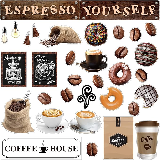 Teling 89 Pcs Industrial Cafe Bulletin Board Set Coffeehouse Themed Bulletin Board Industrial Cafe Classroom Decor Bulletin Board Themed Sets Coffee Classroom Decor for Classroom Home (Classic Style)