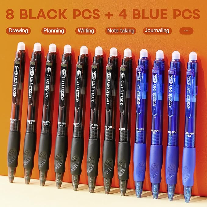 RIANCY 12 Pack Clicker Erasable Gel Pens, Fine Point (0.5mm), 8 Black 4 Blue Ink with Eraser, Make Mistakes Disappear, Soft Grip for Students, Writing, Note Taking, School & Office Supplies
