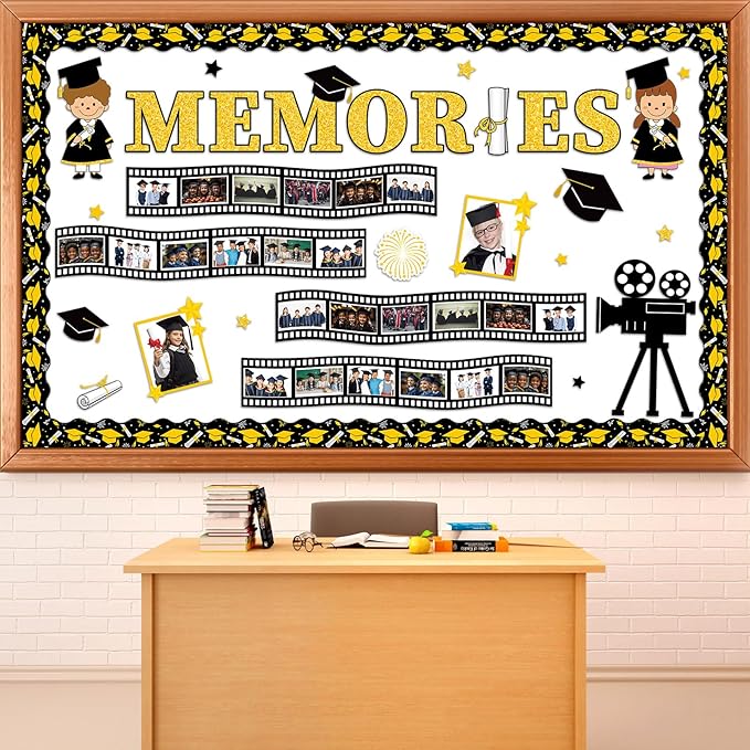 Graduation Film Bulletin Board Decorations Set Movie Theme Classroom Decor Congrats Grad Paper Cutouts Film Strip Star DIY Photo Cutouts for Kindergarten Primary Junior Senior High School Wall Decor