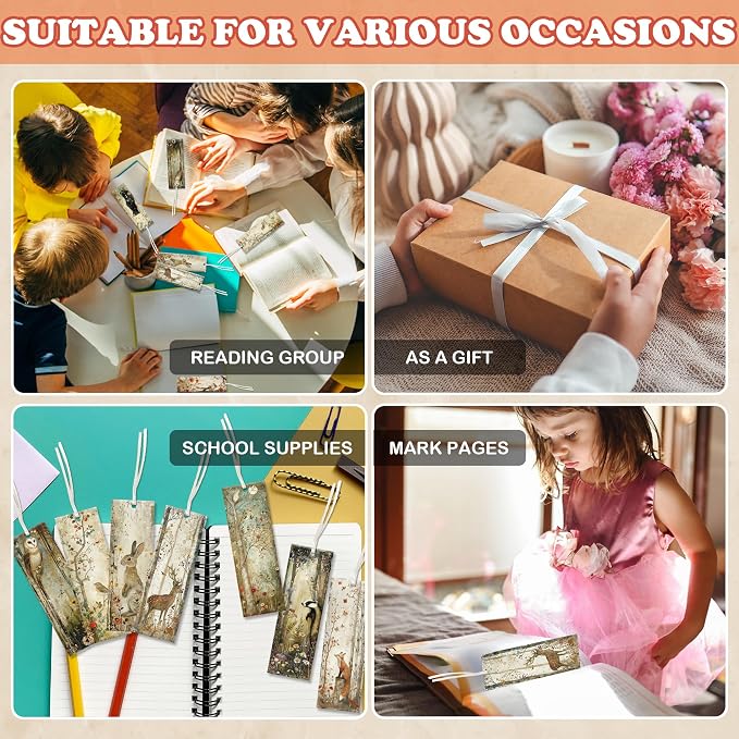 Forest Animals Bookmarks, 100 Pcs Double-Sided Bulk Paper Book Marks with 4mm Hole & Strings, Nature Illustration Reading Accessories for Women and Book Lovers