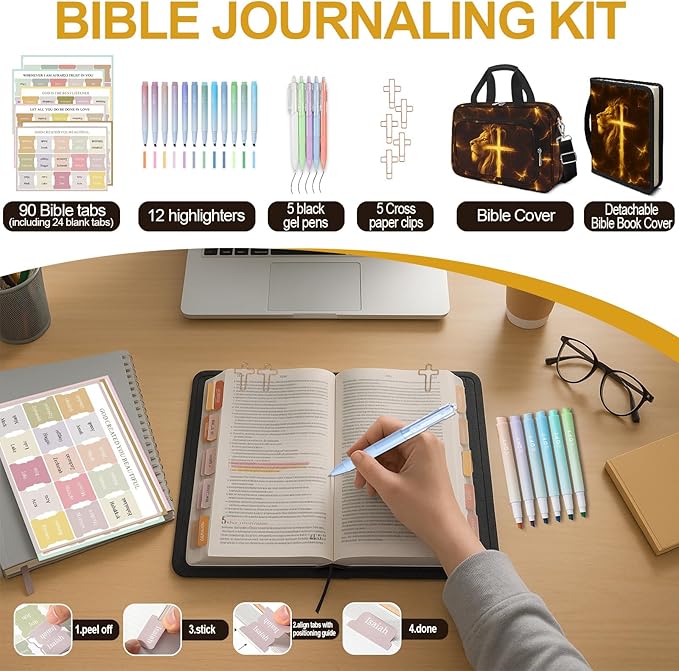 Lion Cross Bible Cover Case for Boys Kids, Large Men Bible Carrying Book Case Church Bag with Handle Zipper Pocket, Bible Study Supplies Journaling Kit, Highlighters Tabs Pens Cross Clips