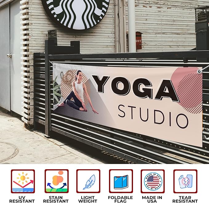 Yoga Studio Large Banners and Signs for Outdoor by Mavis Printing-Polyester Banner with 4 Holes for Easy Hang Indoor & Outdoor|4x1 Feet HD Banner to Promote Church| Made in USA