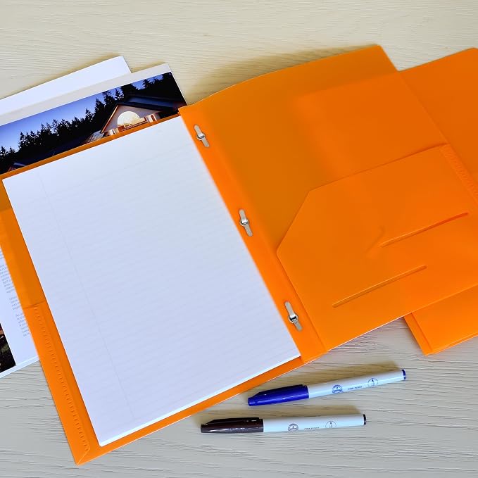 Youngever 6 Pack Heavy Duty Plastic Two Pocket Folders with 3 Prongs, Metal Prongs Fastener, Heavy Duty Plastic 2 Pocket Folder (Orange)