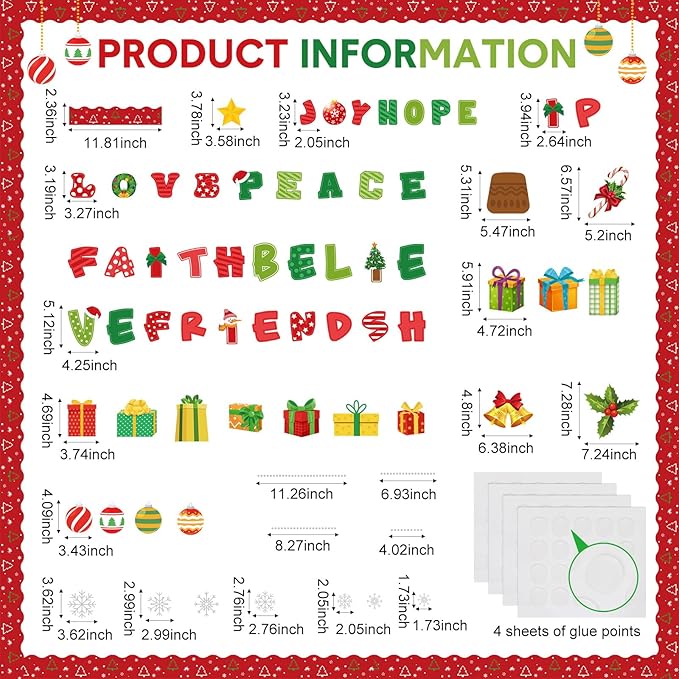 Funrous 93 Pcs Christmas Bulletin Board Decoration Set Xmas Tree Classroom Bulletin Board Decor Christmas Paper Cutouts with Borders for Xmas Winter Holiday Party School Classroom Wall Decorations
