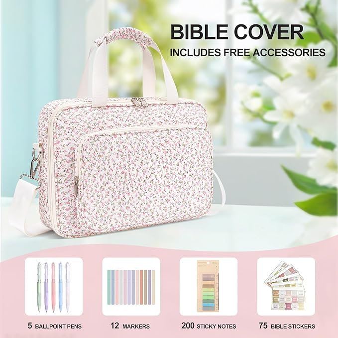 honitty Bible Bag, Bible Cover Case for Women, Quilted Bible Cover with Shoulder Strap, Bible Bags for Women Organizer