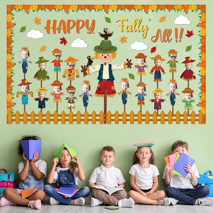 Fall Scarecrow Classroom Bulletin Board Decorations Autumn Pumpkin Maple Leaves Paper Cutouts Fall Scarecrow Classroom Bulletin Board Set DIY Photo Decor for Home School Office Pizza Party Supply