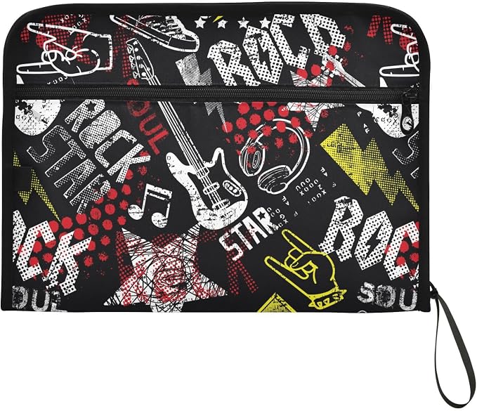 Grunge Rock Music Guitar File Folders,Plastic Folders with 13 Pockets,Expandable File Folder for Documents School Students Office,Aesthetic Folder with Labels A4 Letter Size