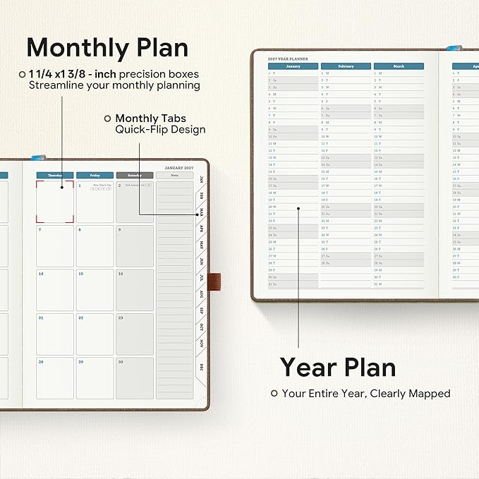 Planner 2026-2027 Weekly & Monthly Planner, 18 Month Academic Calendar July 2026 – Dec 2027, Horizontal Layout with Monthly Tabs, Textured Fabric Hardcover, Coffee