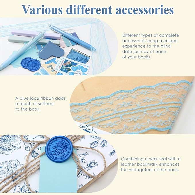 J6&H6 6 Set Blue-Themed Blind Date with a Book Gift excluding Books,Gift Set Including Lace Ribbons Patterned Paper Leather Bookmarks Stickers Purple Labels Kraft Paper for Literary Gifts (Blue)