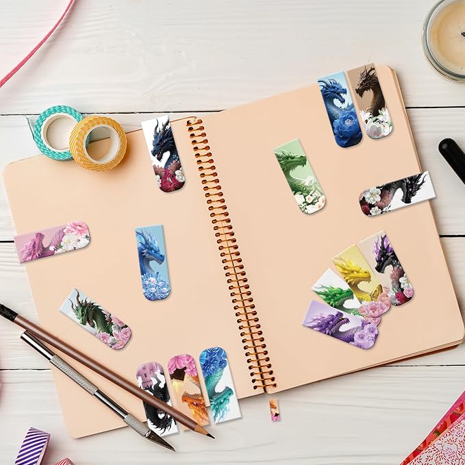 Cool Dragon Flower Magnetic Bookmark, 15Pcs Fantastic Floral Dragon Book Marks, Unique Animal Page Magnet Book Markers for Men Boy School Student Teacher Reading Lovers Gift