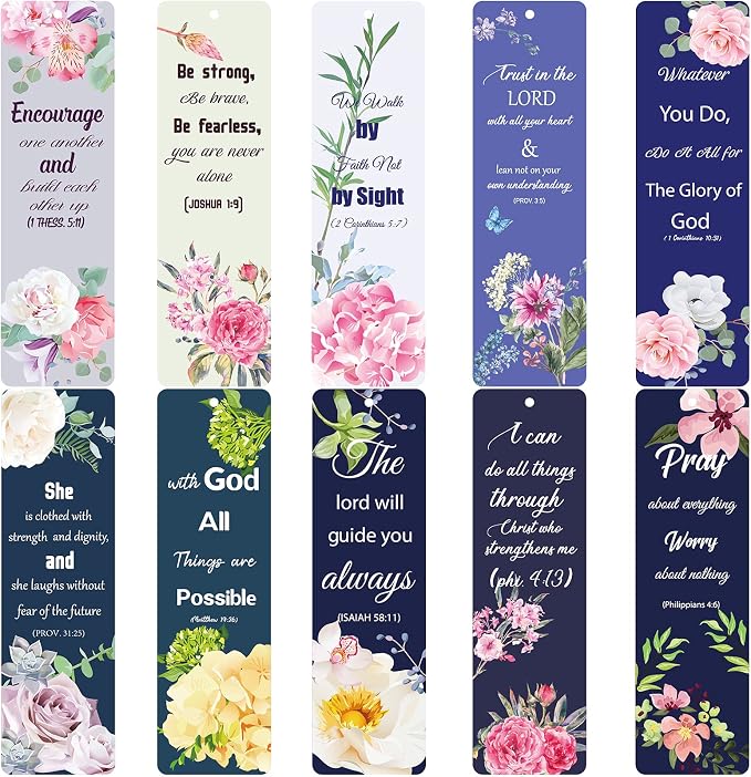 Tenare 20 Pcs Christian Bible Bookmarks for Women, Inspirational Verses Bookmarks with Cross Pendants, Religious Gifts for Women Men Reading Lovers(Floral Style)