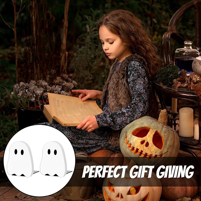 JarThenaAMCS 2Pcs Halloween Wood Bookends White Ghost Shape Wooden Book Stands Cute Ghost Non Skid Book Stoppers for Heavy Books Home School Office Library