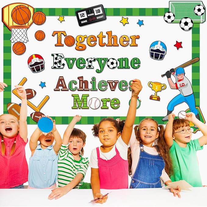 Sport Team Spirit Bulletin Board Decoration Set Football Basketball Bulletin Board Together Everyone Achieves More Paper Cutouts Motivational Wall Decor for School Classroom Back to School Decoration