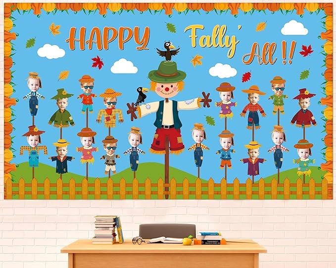 Fall Scarecrow Classroom Bulletin Board Decorations Autumn Pumpkin Maple Leaves Paper Cutouts Fall Scarecrow Classroom Bulletin Board Set DIY Photo Decor for Home School Office Pizza Party Supply
