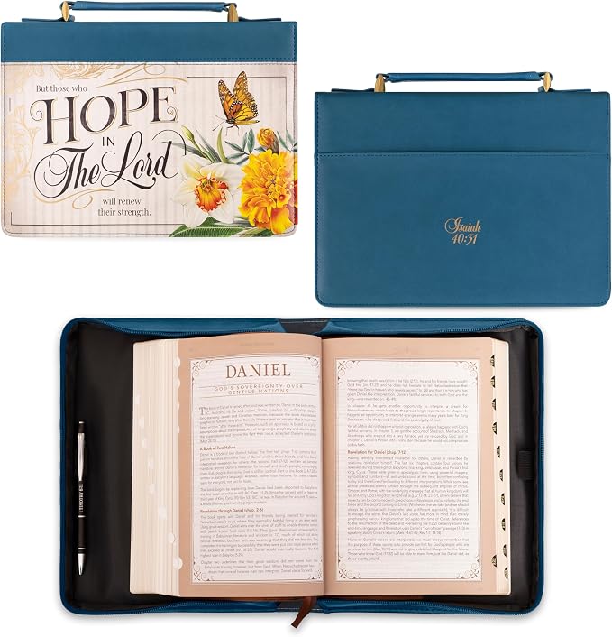 Christian Art Gifts Vibrant Blue Floral Fashion Bible Cover for Women: Hope in the Lord - Isa. 40:31 Inspirational Scripture Verse, Vintage Vegan Leather Book Carry Case w/Stationery Storage, Large