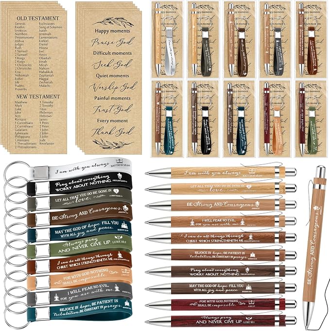 Gueevin 10 Sets Father's Day Christian Church Gift Bulk Bible Verse Bamboo Pens Religious Bookmarks and Scripture Silicone Keychains, Father's Day Thank You Gifts for Men