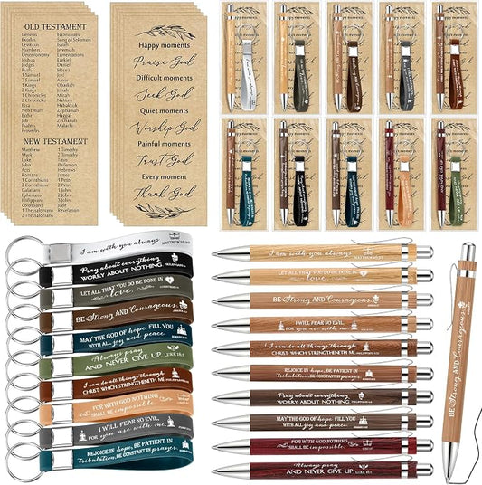Gueevin 10 Sets Father's Day Christian Church Gift Bulk Bible Verse Bamboo Pens Religious Bookmarks and Scripture Silicone Keychains, Father's Day Thank You Gifts for Men