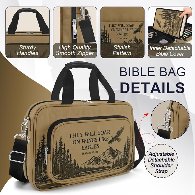 Eagle Bible Cover Case for Men Boys,Large Bible Bag Carrying Case with Strap & Handle Zipper Pocket, Bible Study Supplies Journaling Kit, Pens Highlighters Cross Clips Tabs Christian Gift