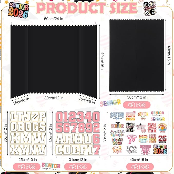 Tinlade 3 Set Senior 2026 Graduation Photo Display Board 24" x 16" Trifold Poster Board with Senior 2026 Themed Stickers for Graduation Picture Frame Table Decor