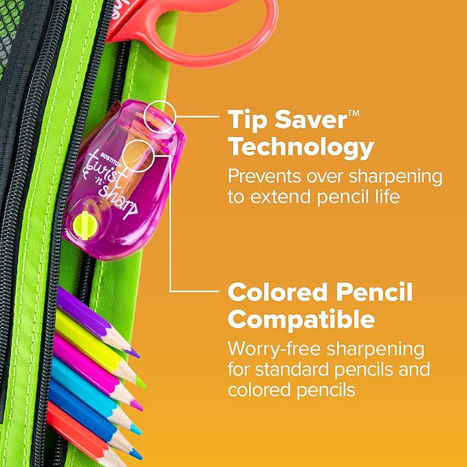 Bostitch Office Pencil Sharpener, Manual, One Assorted Color, Twist-n-Sharp, Kids, Boys, Girls, Colored Pencils, 1 Pack