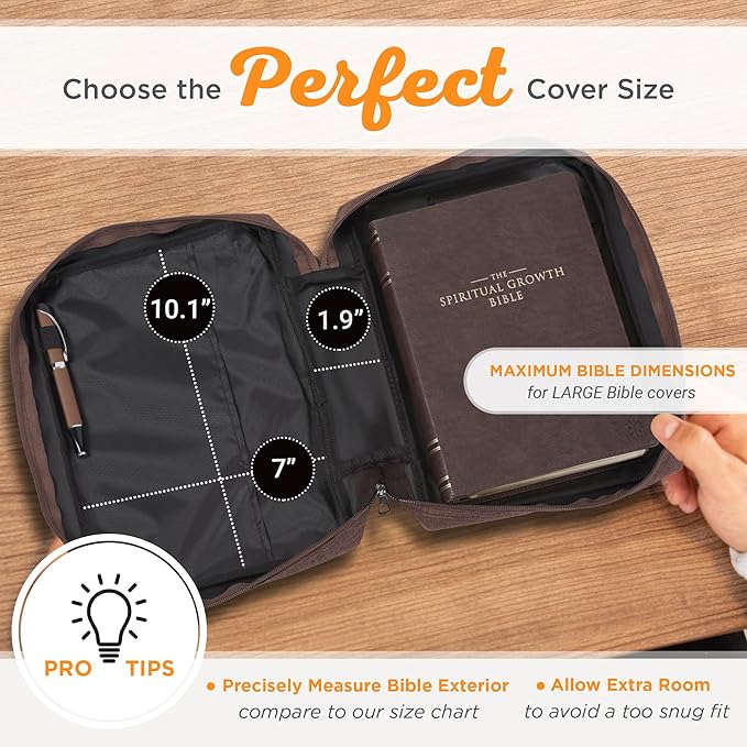 Christian Art Gifts Polyester Bible Cover for Men & Women w/Jesus Fish Patch, Secure Zipper Pocket, Pen Loops, Easy Carry Book Case for Stationery, Accessories, Brown, Large