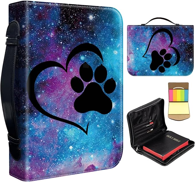 Bible Cover for Men,Large Leather Bible Case Fit Book Up to 11x8x2 Inch,Galaxy Dog Pawprint Love Bible Covers Bible Study Carrier Church Bags w/Handle & Zipper