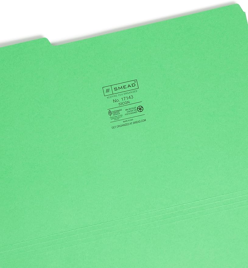 Smead Colored File Folder, 1/3-Cut Tab, Legal Size, Green, 100 per Box (17143)