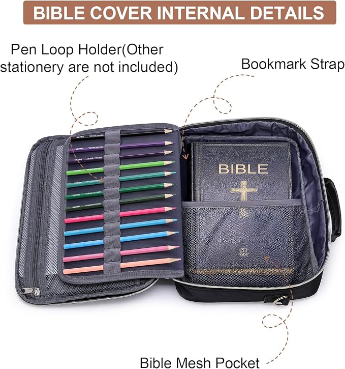 Bible Cover Case for Women, Large Bible Bag with Shoulder Strap,Quilted Bible Carrying Case with Handle, Bible Study Supplies & Christian Gift for Women, Black