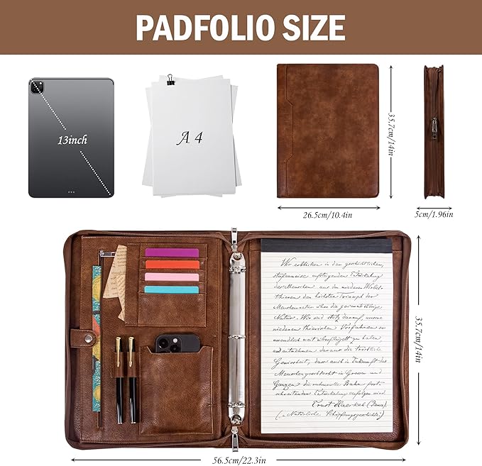 Calfinder 3 Ring Portfolio Binder with Zipper,Leather Padfolio for Men&Women,Business Portfolio Organizer with Tablet/Documents Holder,Leather Padfolio Binder for Interview/Office,Valentine's Day Gift