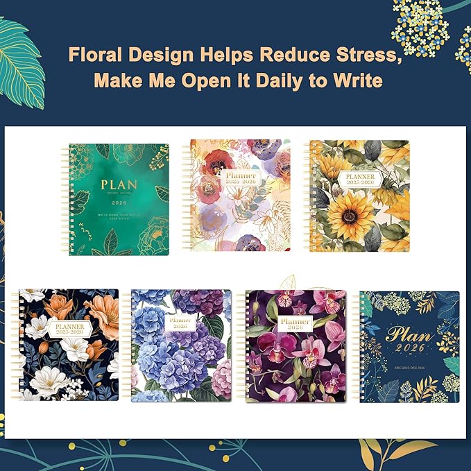 CAGIE 2026 Planner Weekly and Monthly, Jan-Dec 2026 8.3 x 9.3 Inch Hardcover Spiral Bound, 13 Tabs and Pocket, Floral Daily Planner for Women, Perfect 2026 Yearly Calendar Planner