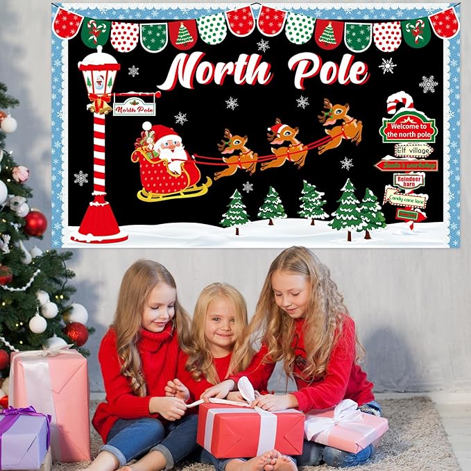 Christmas Bulletin Board Decoration Set North Pole Sign Classroom Decorations Santa Reindeer Xmas Elk Snowflakes Paper Cutouts for Winter Holiday Party School Classroom Home Chalkboard Wall Decor