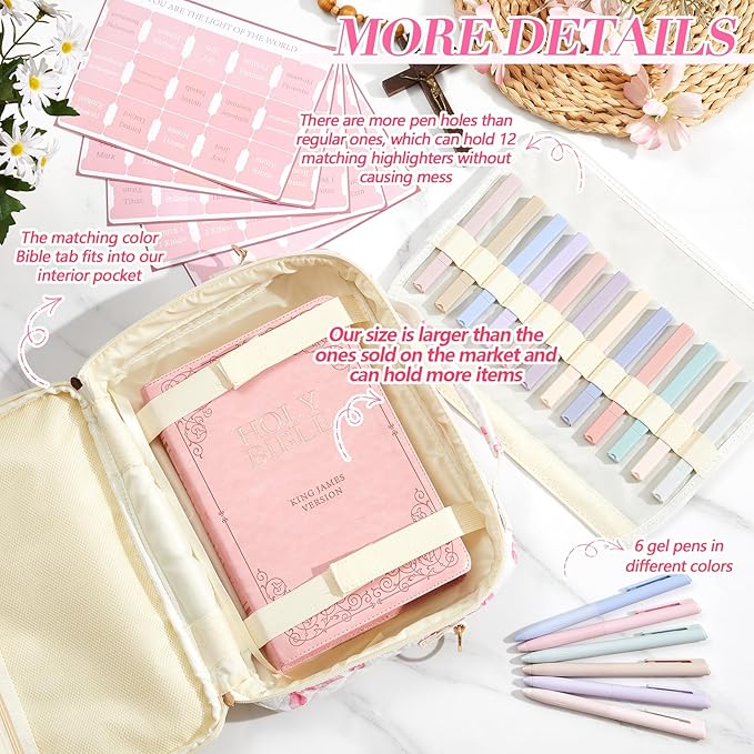 Sinload Quilted Bible Cover Case for Women 12 x 9 x 2.5 Inch Bible Chenille Letter Bag with Shoulder Strap Carrying Tabs 6 Colored Pens 12 Highlighters Christian Church Study Gifts(Pink,Bow Tie)