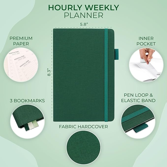 Skyline Hourly Weekly Planner – Undated Agenda & Daily Appointment Book – Time Blocking Notebook for Business Entrepreneurs, A5 (Forest Green)