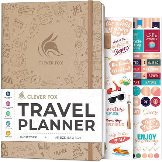 Clever Fox Travel Journal – Vacation & Trip Organizer with Budget Plan, Packing List, Travelling Expense Tracker, A5 (Sandstone)