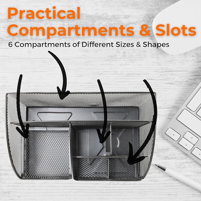 Mesh Desk Organizer - Office Accessories with Sticky Notes, 6 Compartments & Drawer, Pen Holder for Home, School
