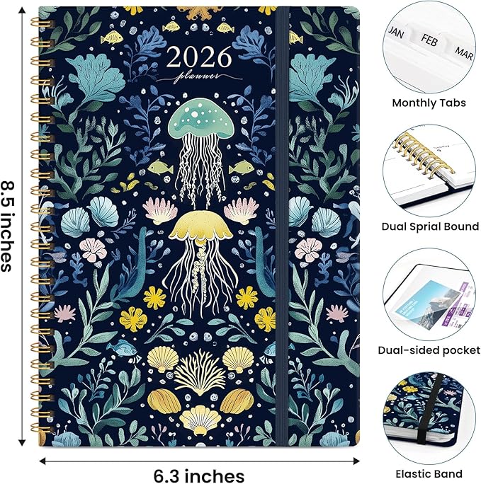 2026 Planner, Weekly and Monthly Planner for Women, Jan 2026 - Dec 2026 Pretty 2026 Calendar Planner with Monthly Tabs, Inner Pocket, Spiral Binding, Perfect for Office Home School - 6.3" x 8.5", Jellyfish Drift