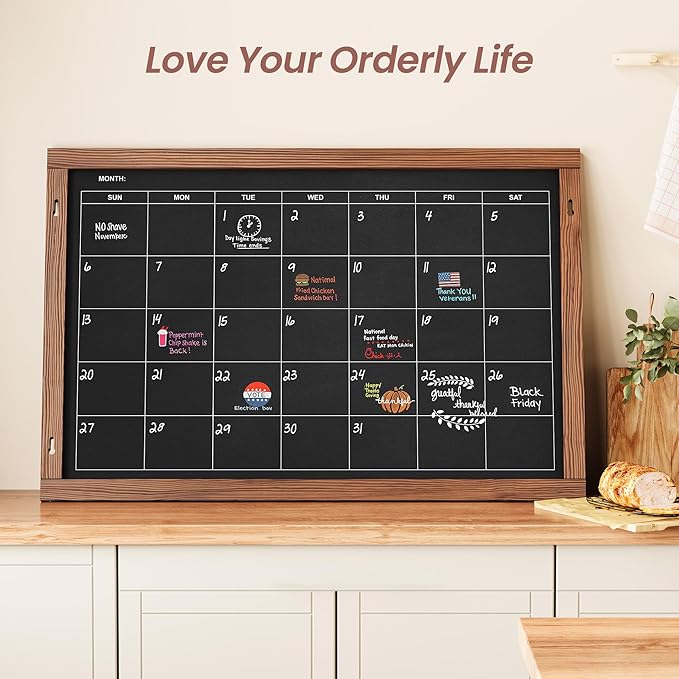 2-in-1 Double-Sided Magnetic Chalkboard 36"x24", Chalk Calendar Board & Large Blackboard for Kitchen & Home Decor, Schedule, Menu, Back-to-School Gift - Hanging Chalk Board with 2 Liquid Pens, Brown