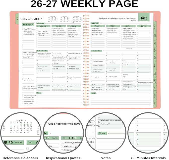 Planner 2026-2027 - 11.38'' x 8.74'', Weekly & Monthly Planner Notepad 2026-2027, JUL. 2026 - JUN. 2027, Appointment Book, 60 Minutes Interval, Monthly Tabs, Faux Soft Leather, Spiral Bound - Rose Golden