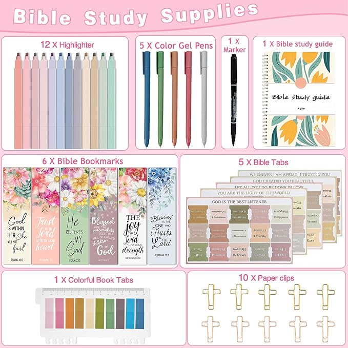 HRFGWDD Bible Study Supplies & Journaling Kit for Women with Highlighters & Pens,Tabs for Women, Sticky Notes, Bookmarks & Cross Clips – Bible Annotation Kit for Scripture Study(41pcs)