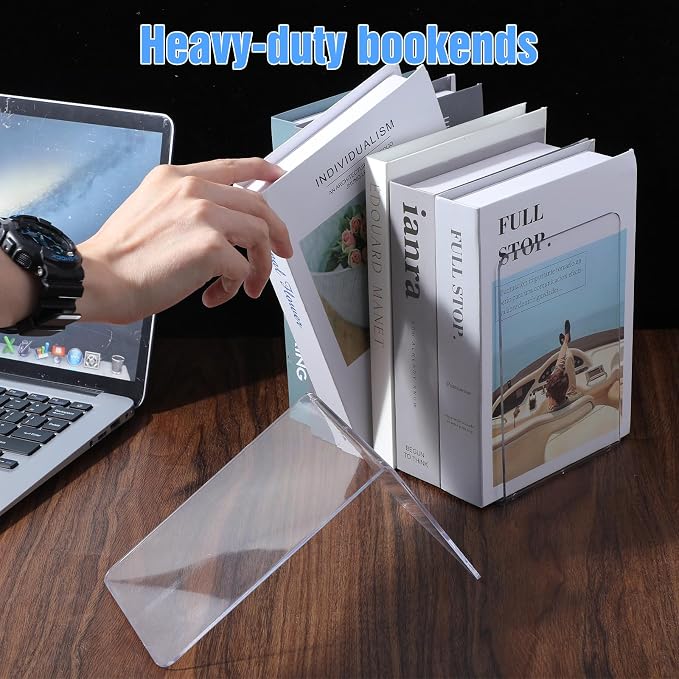 24 Pieces Book Ends, Clear Acrylic Bookends for Shelves, Heavy Duty Book Holders, Non Skid Decorative Bookends or School, Library,Desktop Organizer and Book Shelves Office, 4.9 x4.33 x 7.08in