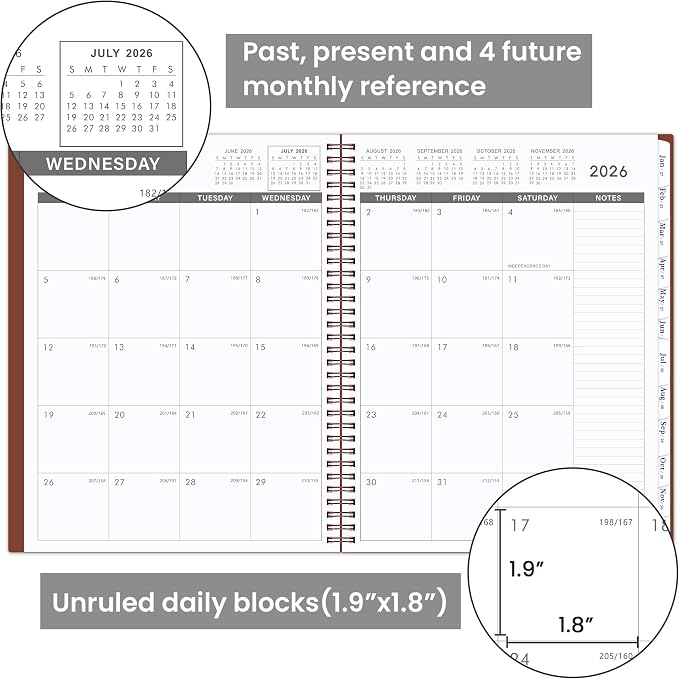 2026-2027 Monthly Planner - Planner/Calendar 2026-2027, Jul 2026 - Dec 2027, 9" x 11", 18 Monthly Planners with Tabs, Pocket, Label, Contacts and Passwords, Twin-Wire Binding- Reddish Brown