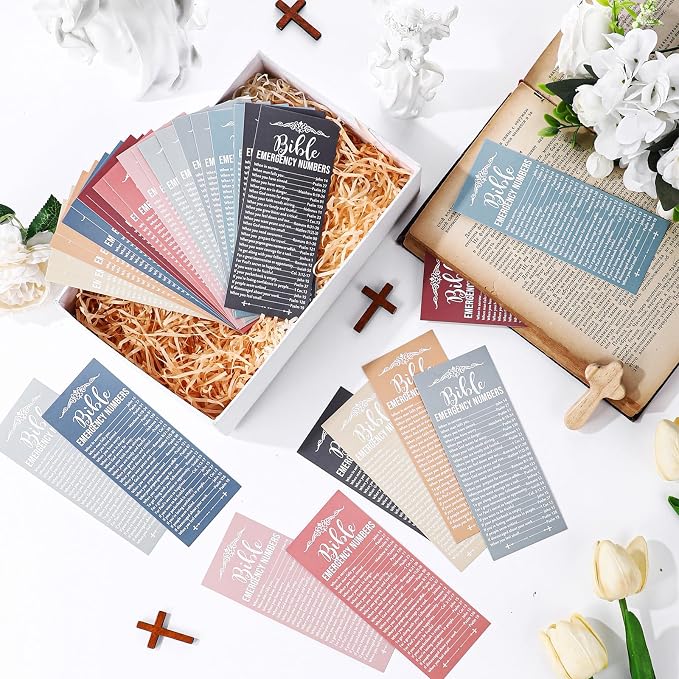 Motiskyy 100 Pcs Christian Fathers Day Bible Verse Emergency Numbers Bookmark Religious Church Gift 2.36 x 6'' Catholic Book of The Bible Card for Women Men Teacher Nurse Sunday School(Bright Morandi)