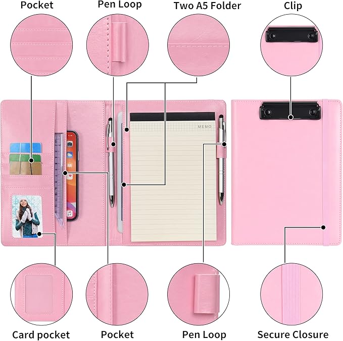 Wonderpool A5 PU Leather Clipboard Partfolio Recipe Binder Notepad Forms Holders Document Case - Interview Planner Meeting Writing Padfolio File for Office Travel School Hotel Restaurant (A5,Pink)