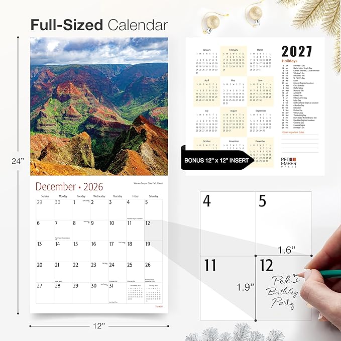 RED EMBER Select - Untamed & Scenic Hawaii 2026 Wall Calendar 12 Month | 12" x 24" Open | Thick & Sturdy Paper | Giftable | Tropical Island Travel Calendar 2026